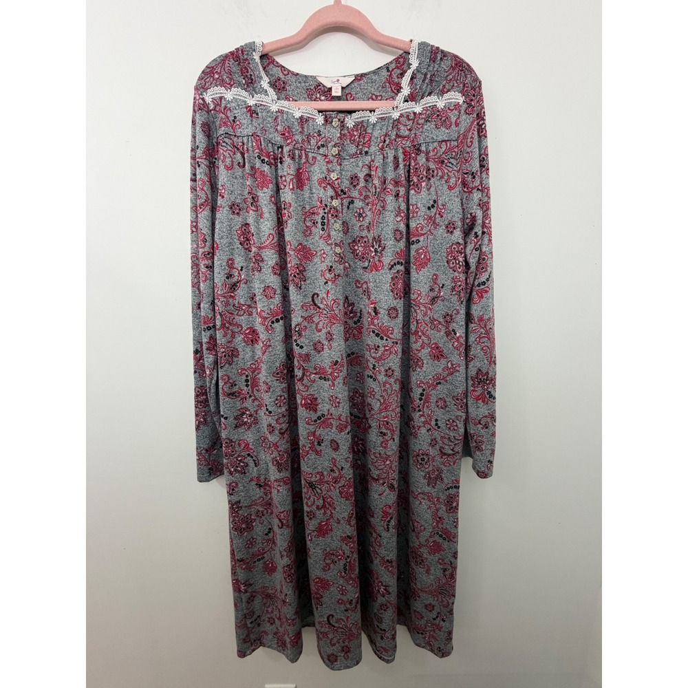 Secret Treasures Nightgown XL Grey Pink Floral Paisley Lace Trim Long Sleeve